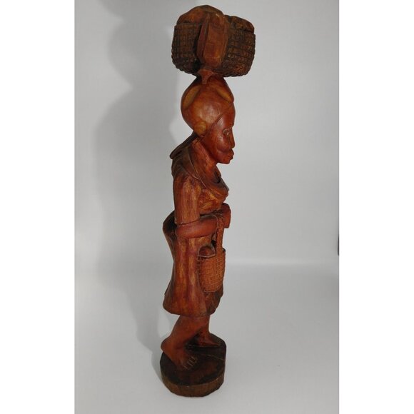 African Hand Carved Wooden Sculpture of a Woman Carrying a Basket Vintage Wood - Picture 10 of 12